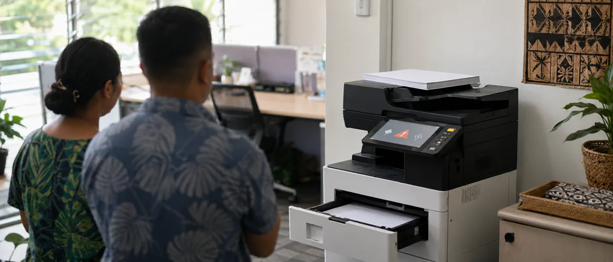 Two colleagues waiting at an office printer showing an error on its panel